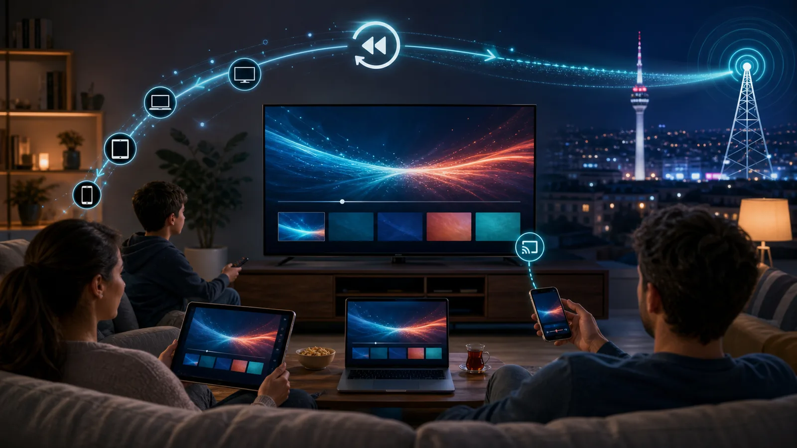 Canlı televizyonu evde Smart TV, tablet, dizüstü bilgisayar ve telefondan izleyen bir aile